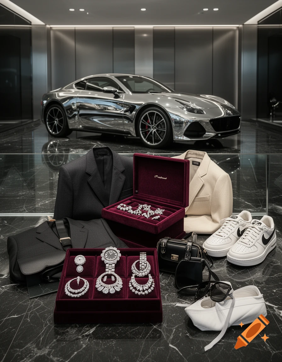 Photorealistic image of luxury items including a chrome sports car, jewelry boxes, clothing, and designer sneakers on a dark marble floor.