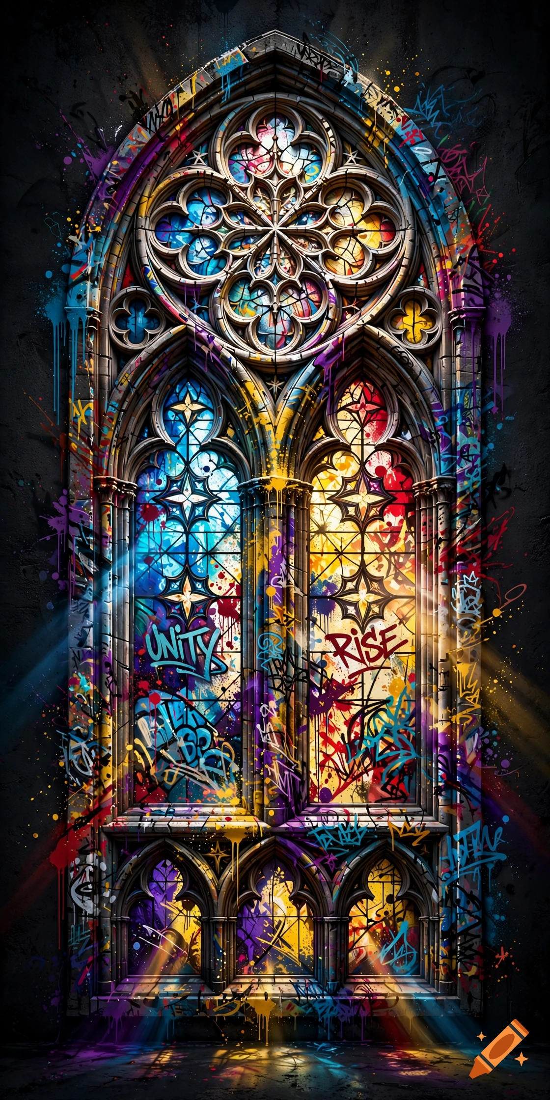 Gothic stained glass church window adorned with colorful graffiti and paint splatters.