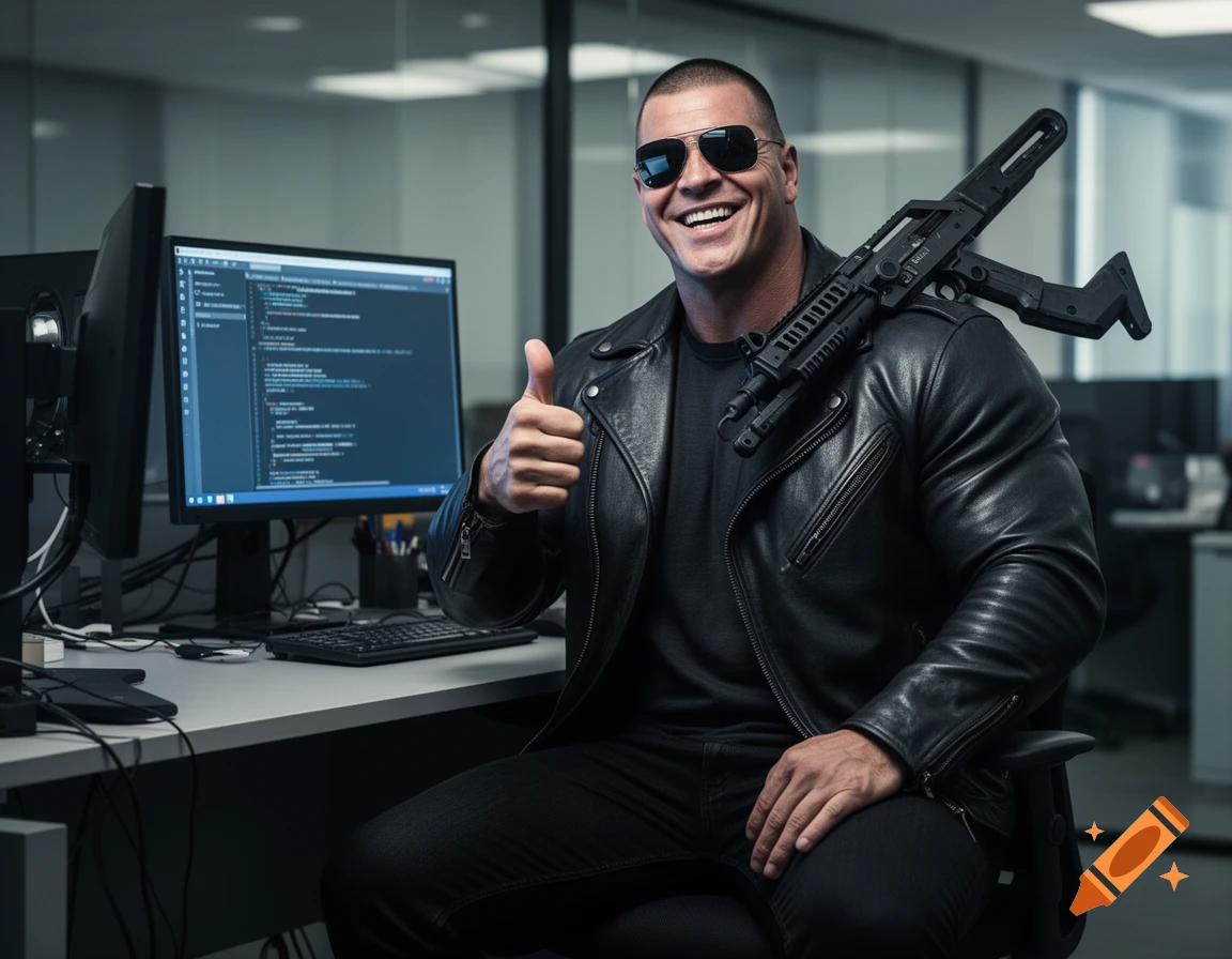 Photorealistic cinematic illustration of a muscular man in a leather jacket sitting at a desk with a tactical weapon.