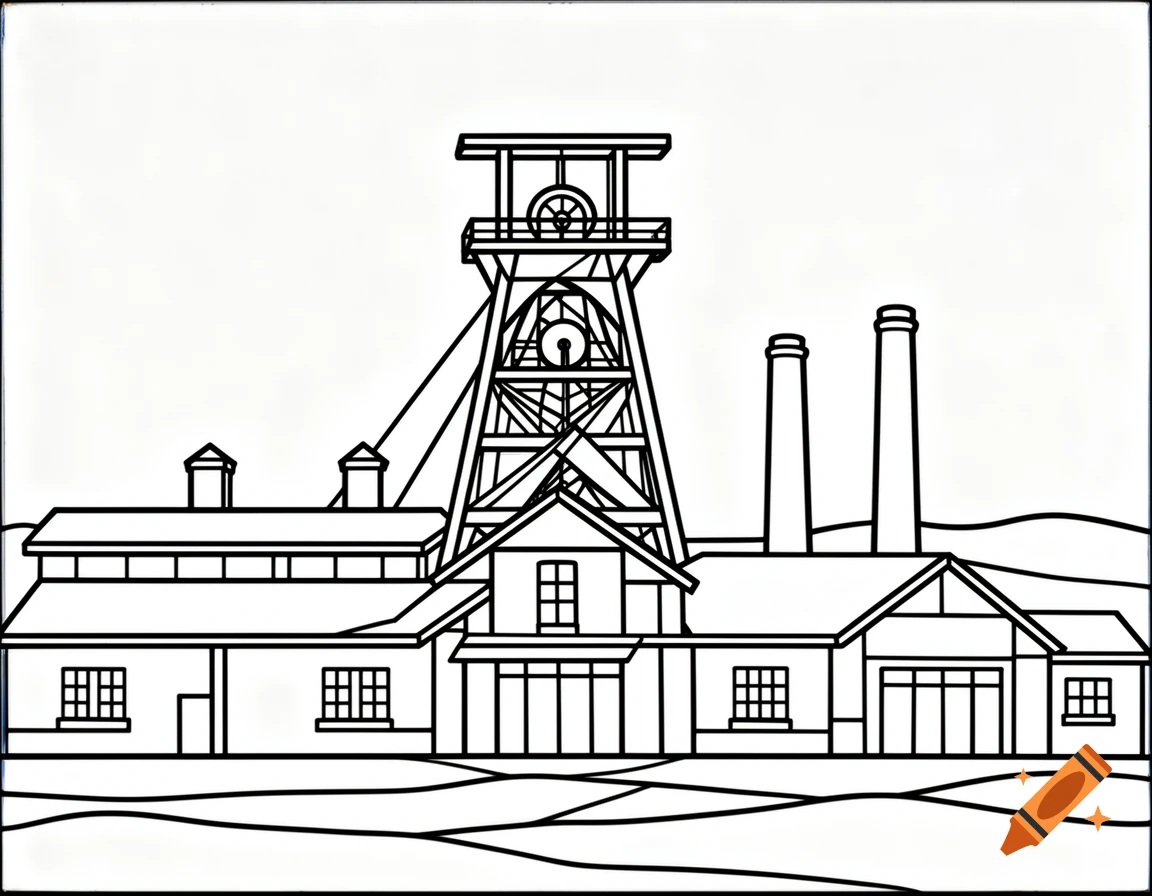 Black and white line art coloring page of a mining tower and industrial buildings.