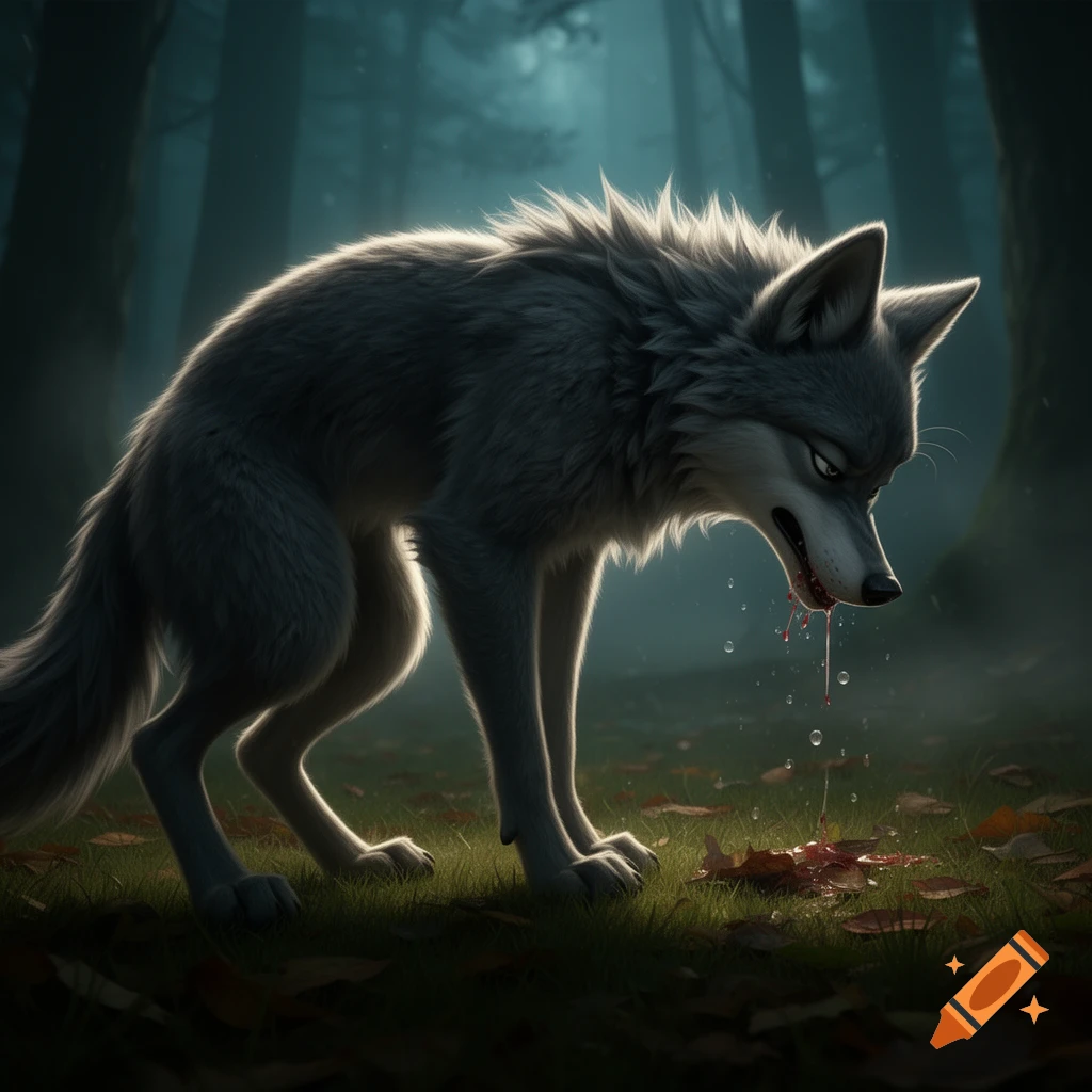3D animated style gray wolf vomiting in a dark forest.