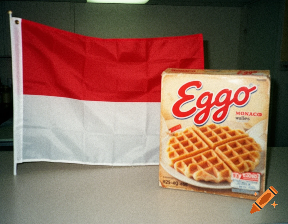 A low quality photograph of a Monaco flag and an Eggo waffles box on a table.