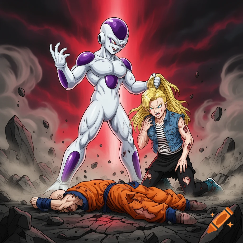 Anime style illustration of Frieza standing victorious, grabbing Android 18 by her hair while she kneels before defeated Krillin on the ground.