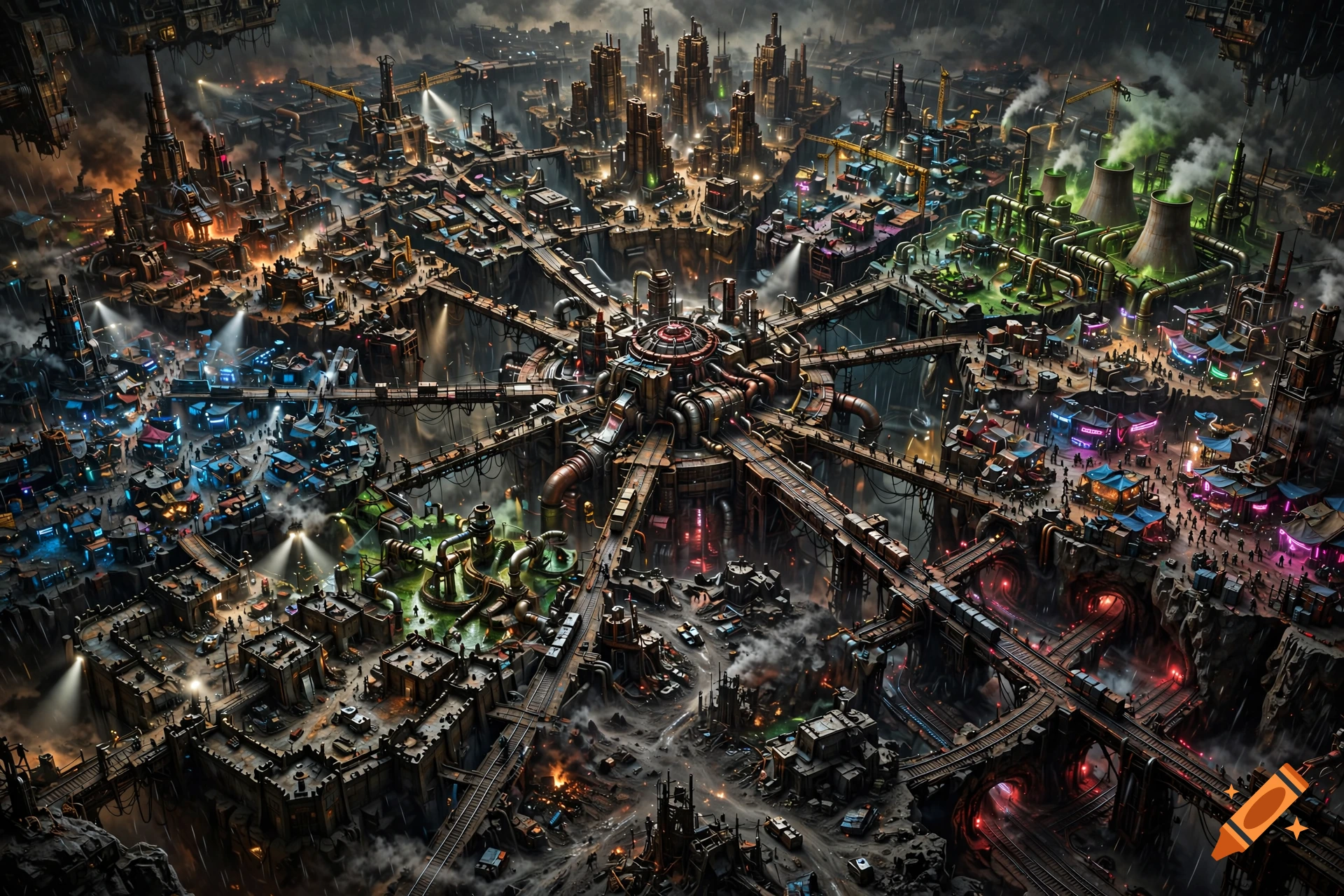 High-angle, detailed digital illustration of a sprawling industrial city with multiple interconnected territories, towers, and neon lights.