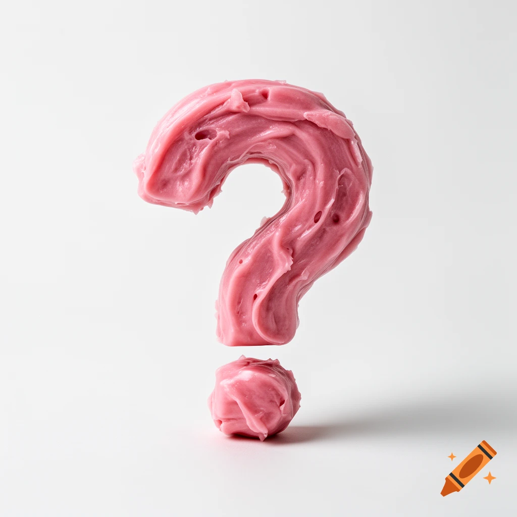 Realistic studio photograph of a question mark made from chewed pink bubblegum on a white background.