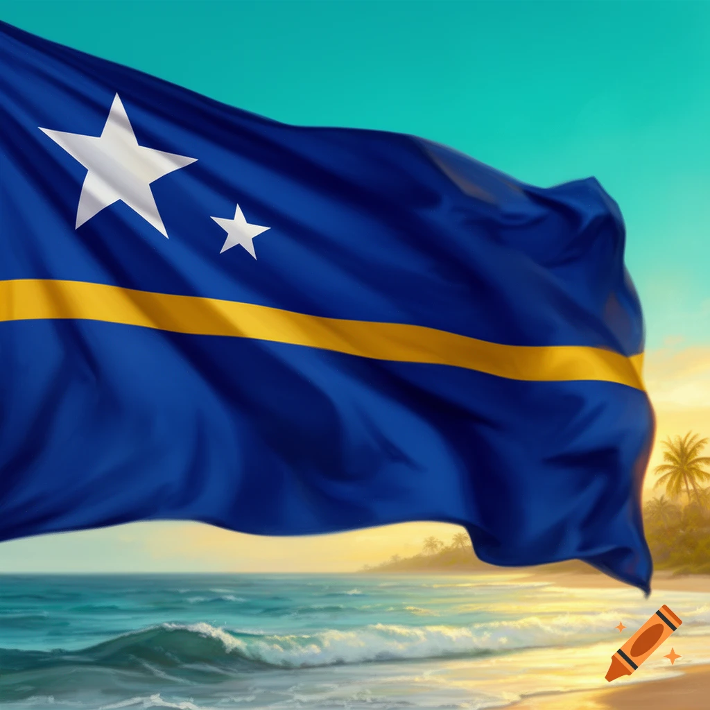 The flag of Curacao waving in the wind against a tropical beach and ocean background.