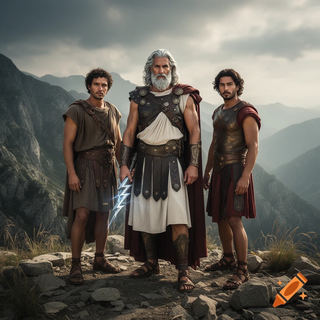Photorealistic depiction of Zeus, Epimetheus, and Prometheus standing on a rocky mountain peak holding a lightning bolt.