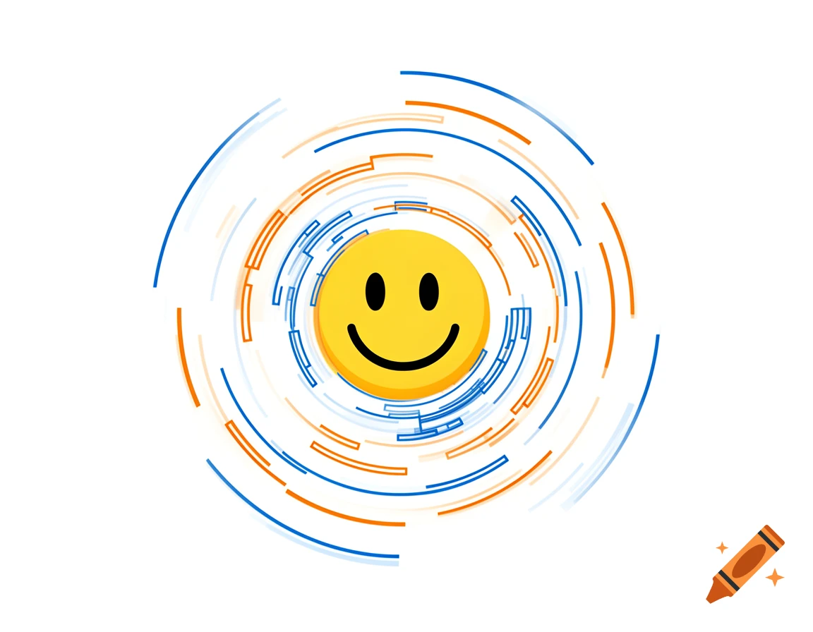 A yellow smiley face surrounded by concentric circles of blue and orange dash lines on a white background.