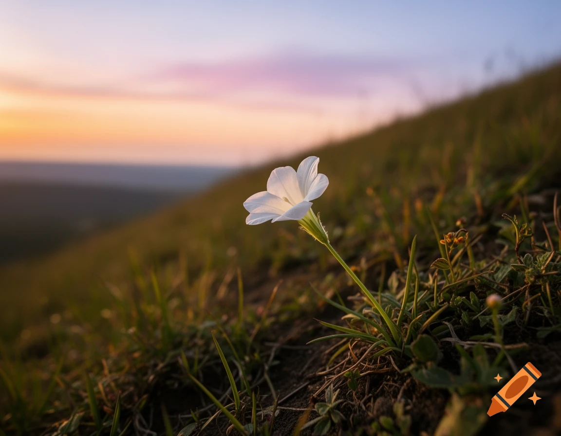 A single white flower growing on a grassy hillside at sunset, photorealistic style.