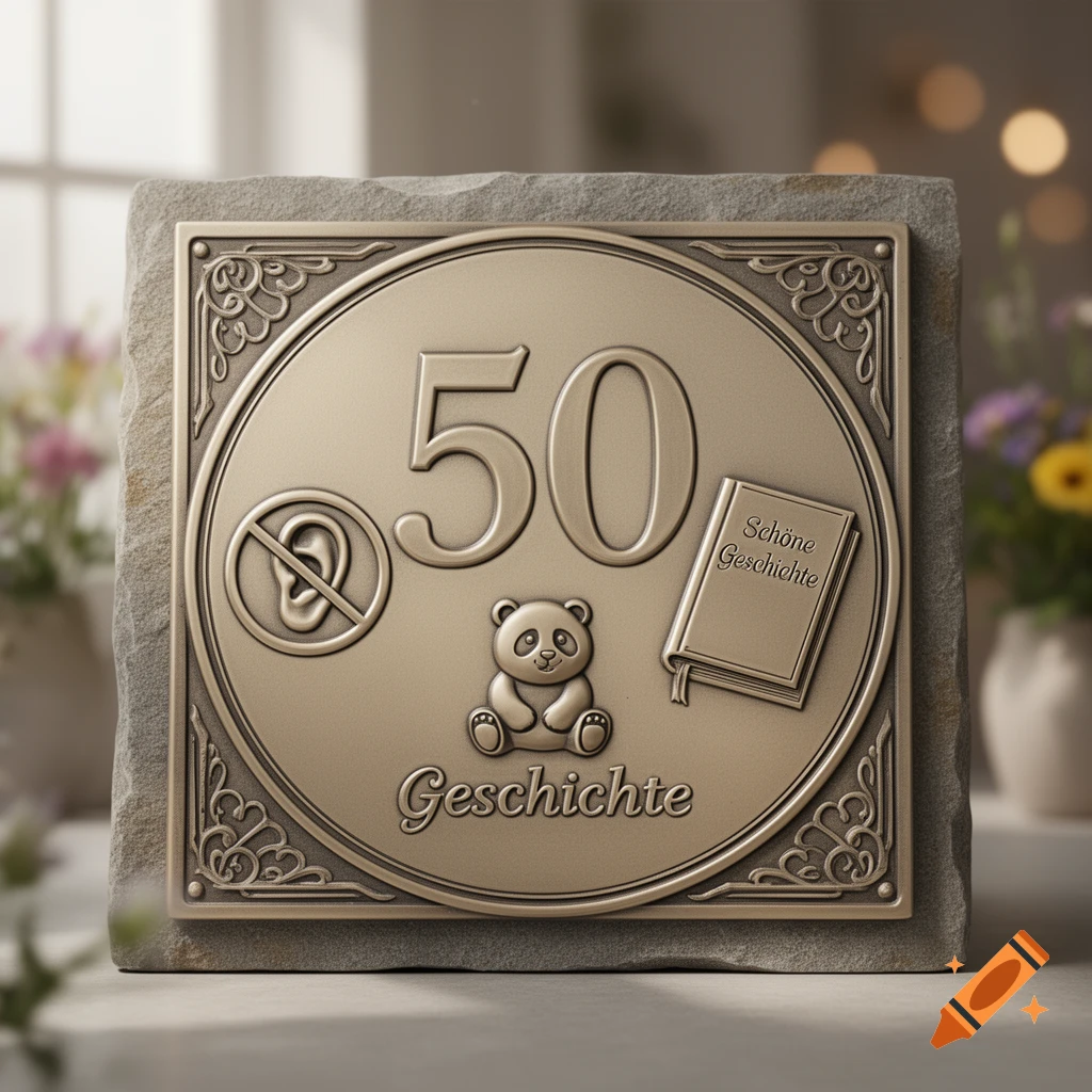 Bronze memorial plaque with the number 50, a panda bear, a book titled Schöne Geschichte, and a crossed-out ear symbol, resting on stone.