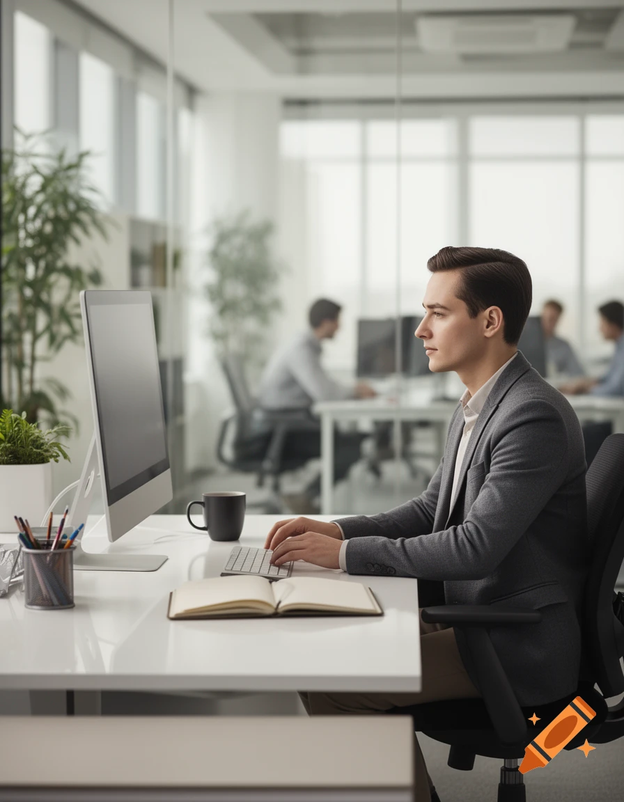 A young man in a gray blazer working at a computer in a modern office.