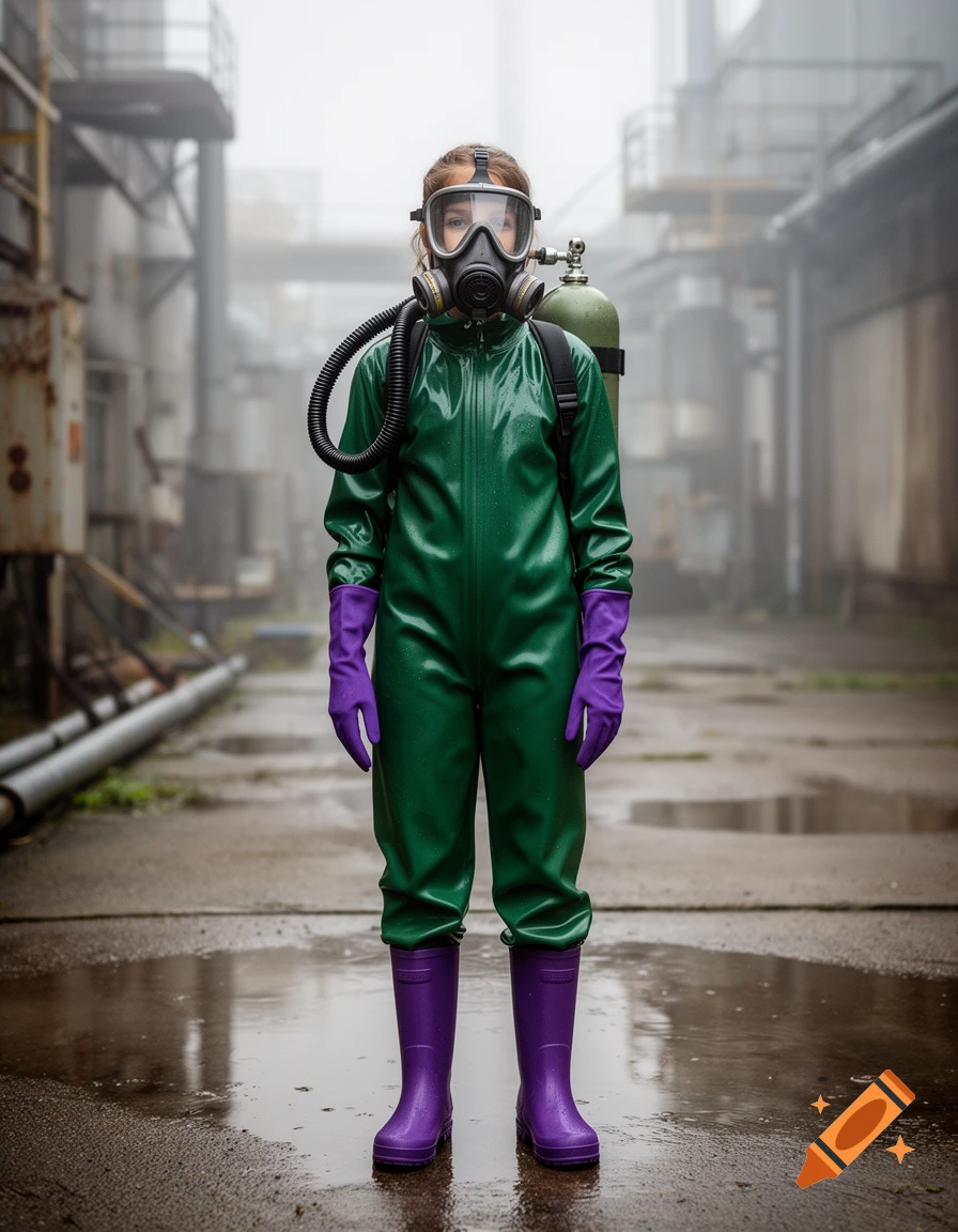 Photorealistic image of a teenage girl wearing a green latex hazmat suit, purple gloves, purple rain boots, and a full gas mask connected to an oxygen tank, standing in an industrial environment.