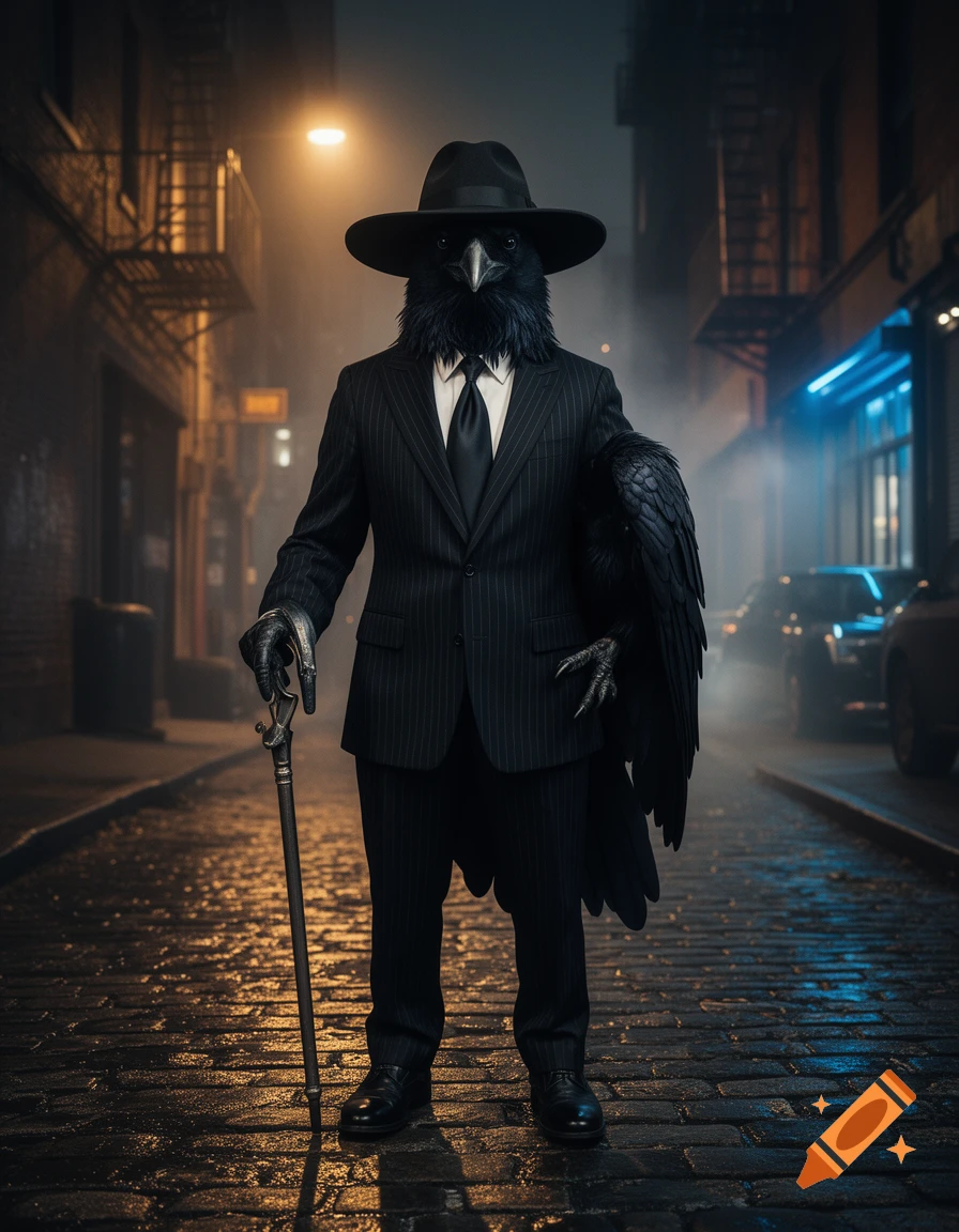 Photorealistic image of a humanoid raven wearing a dark pinstripe suit, fedora, and holding a cane in a rainy alleyway.