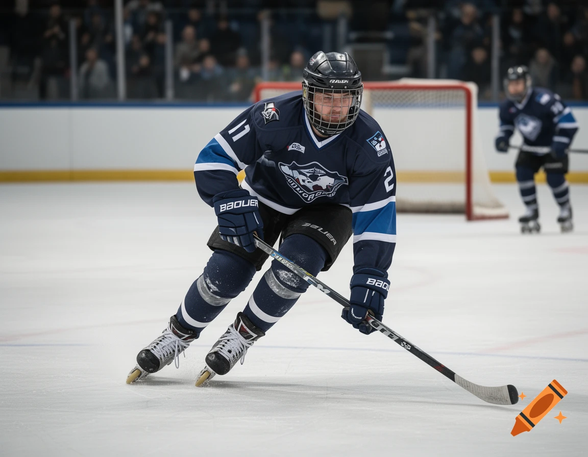 Action shot of a hockey player in a blue jersey on inline skates on an indoor rink.