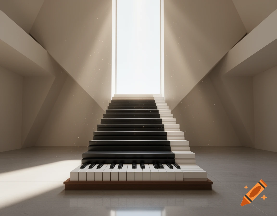 A minimalist room with a staircase made of piano keys leading up to a bright window.