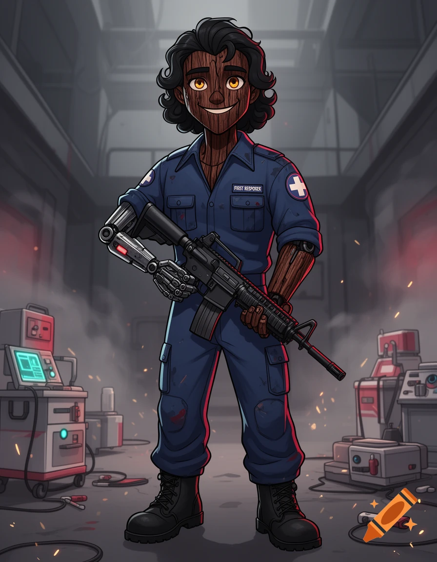 Illustration of a male puppet sinner with dark wood skin, blue jumpsuit, robotic prosthetic arm, and combat rifle in an industrial setting.