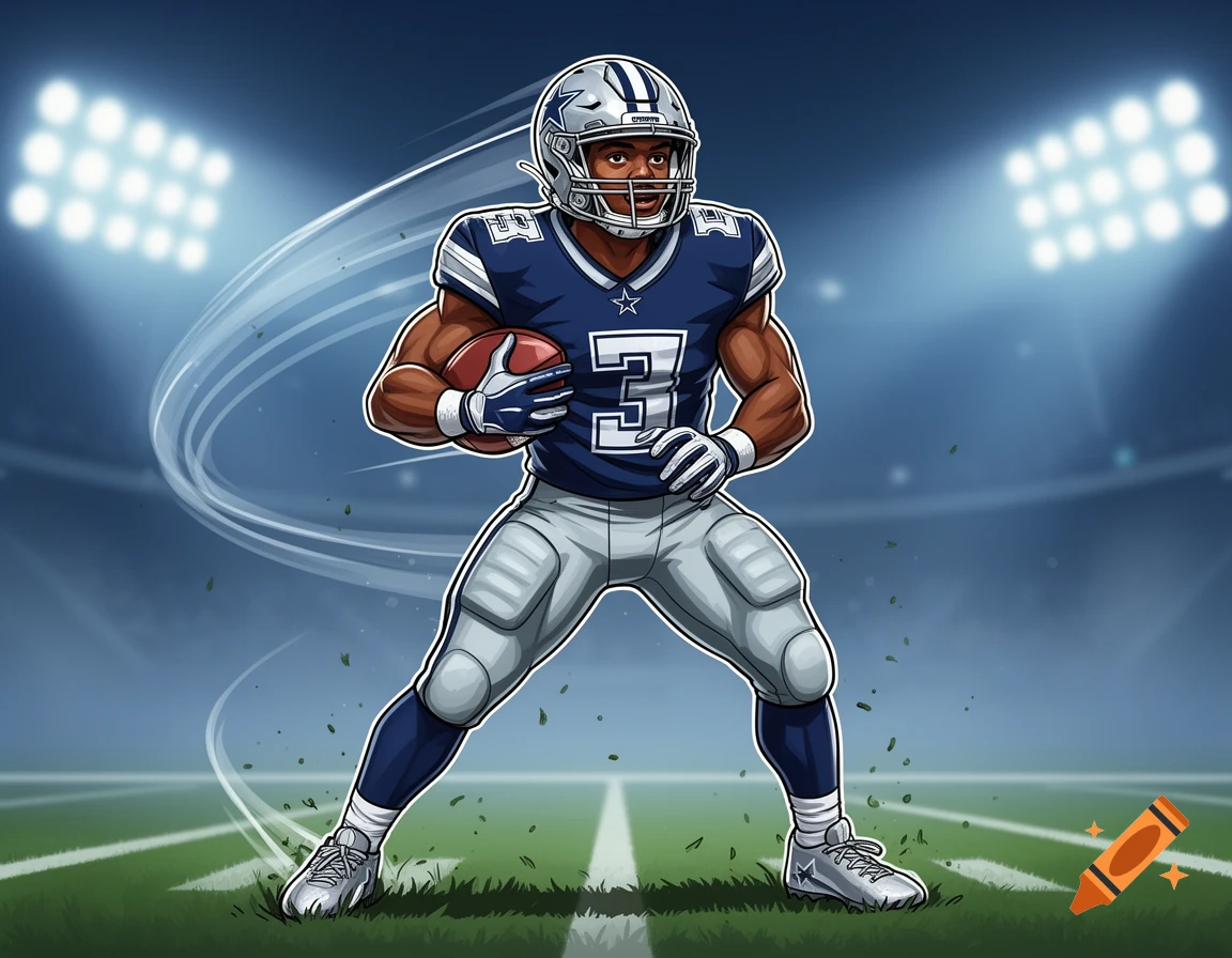 Cartoon illustration of a football player in a blue and silver uniform holding a football in a stadium.
