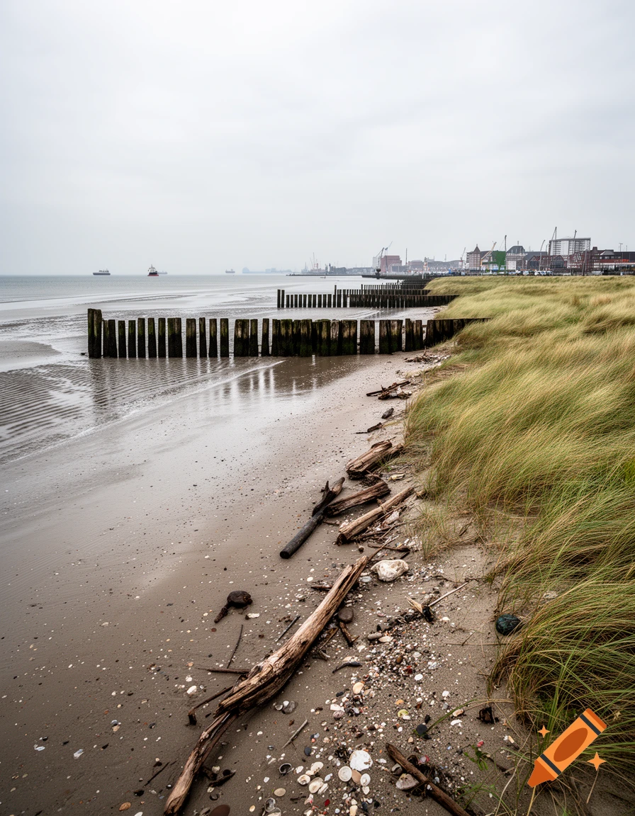 Photorealistic landscape of Cuxhaven beach with wooden breakwaters, sand, and coastal grass under an overcast sky.