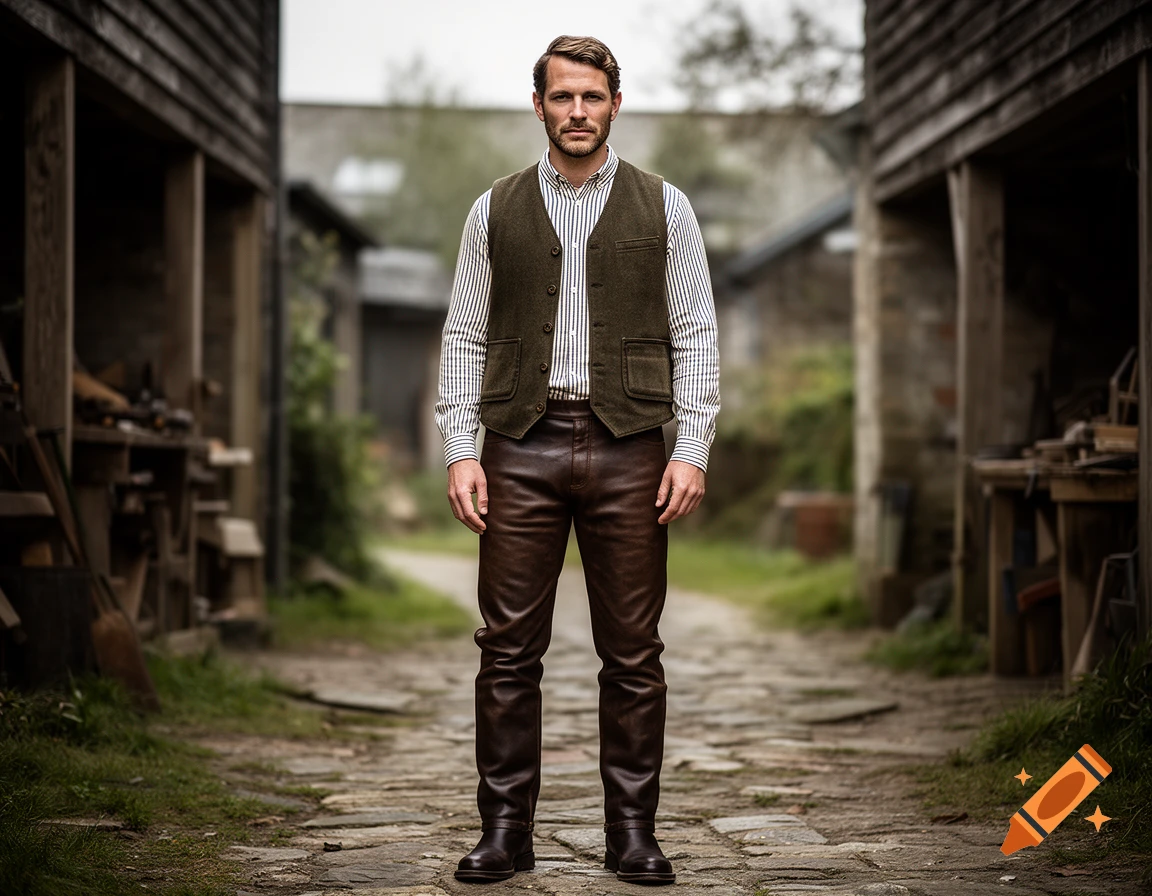 Photorealistic full-body portrait of a man standing on a cobblestone path between rustic wooden buildings, wearing a green vest, striped shirt, and brown leather trousers.