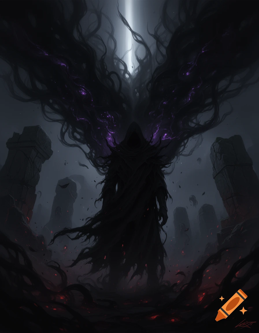 A dark cloaked figure with a shroud of swirling black smoke and purple energy standing among ancient stone pillars in a fantasy landscape.