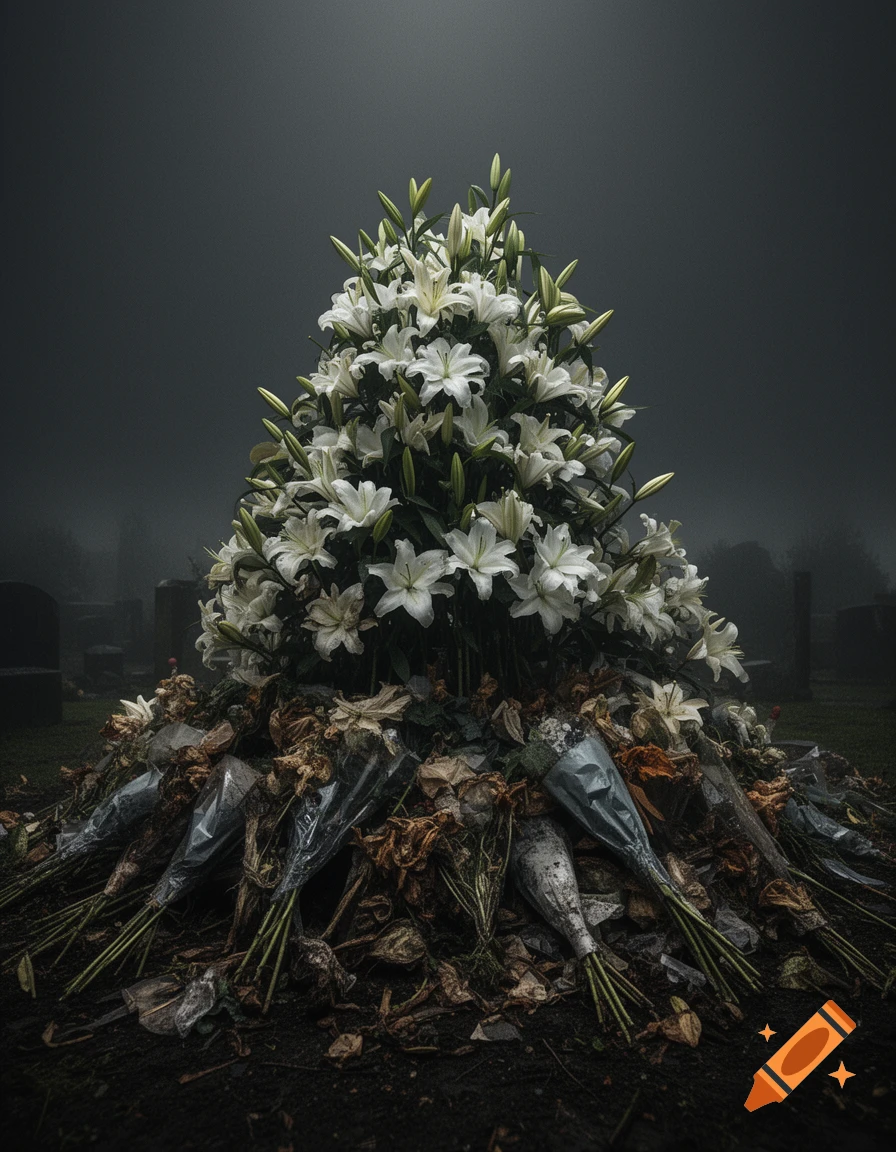 A towering pile of white lily flowers with fresh blooms on top and decaying wrapped bouquets at the base under a dark foggy sky.