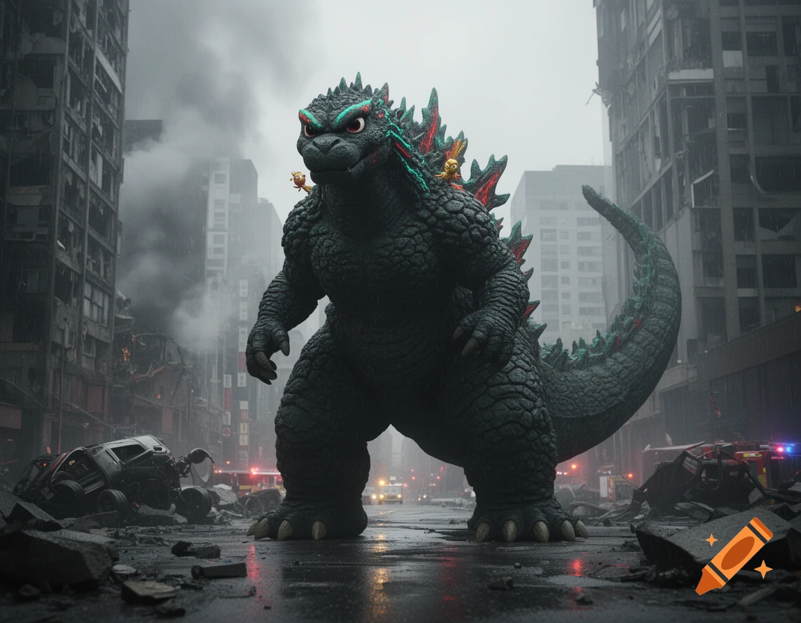 Godzilla-like monster with Kwami-inspired colorful crests standing in a ruined, rubble-strewn city street.