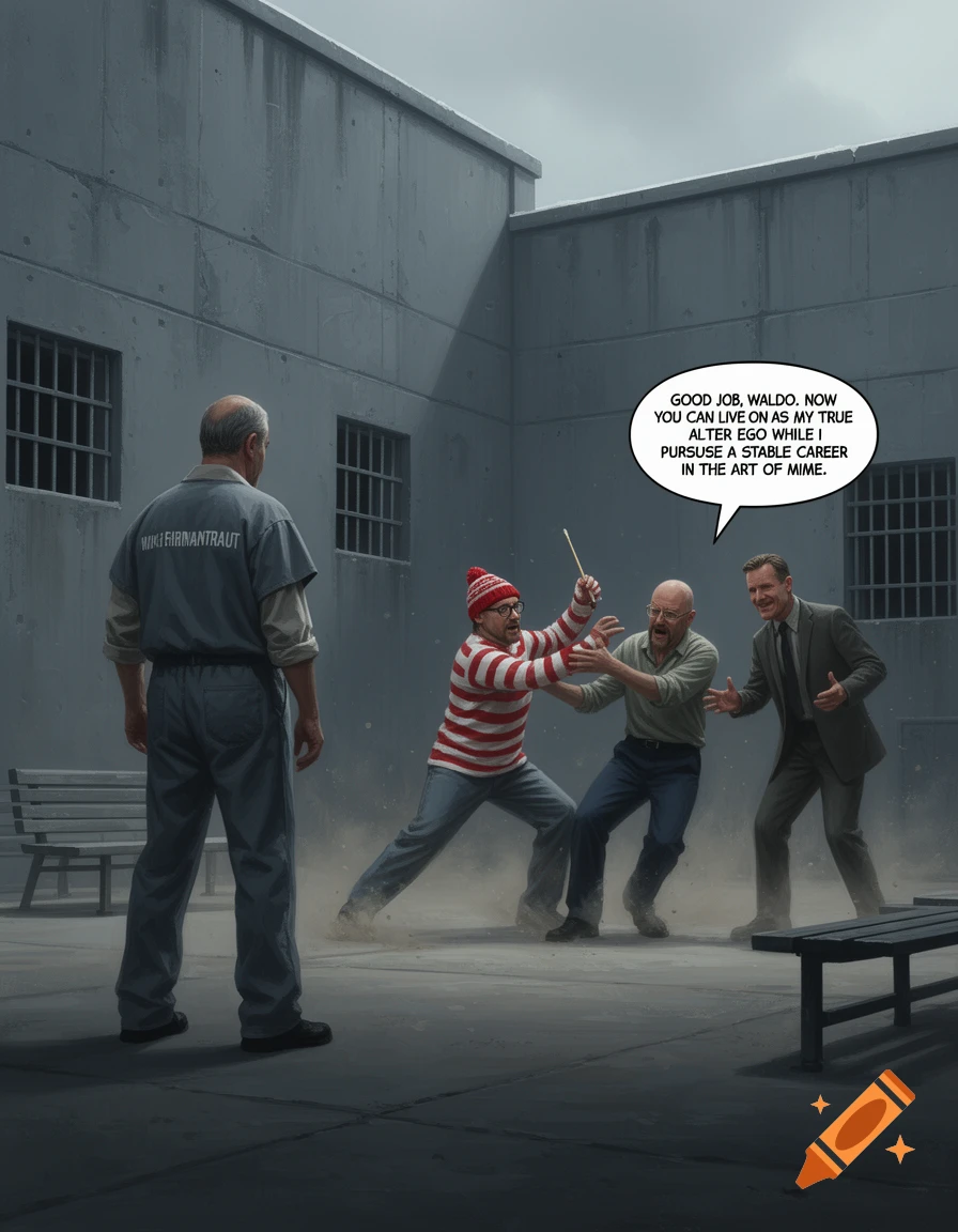 Digital painting of Mike Ehrmantraut in a prison yard watching Waldo shank Walter White with a popsicle stick, while Bryan Cranston smiles.