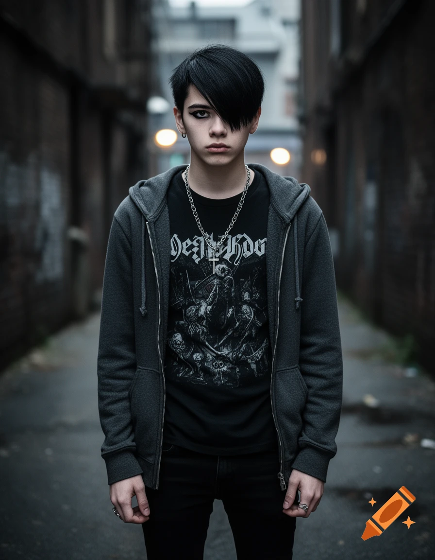 Photorealistic portrait of an emo boy with black hair and dark makeup in an alleyway, wearing a dark hoodie and t-shirt.