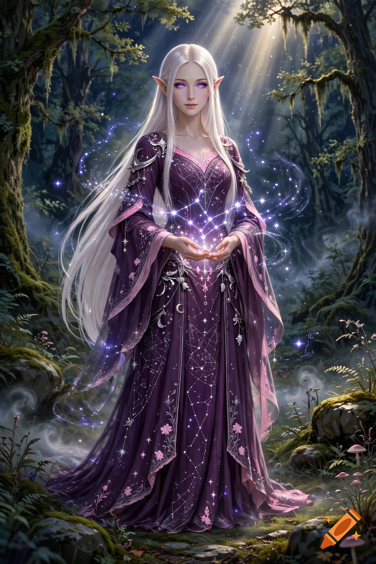 Digital painting of a high elf female druid with platinum blonde hair and violet eyes, holding a glowing star constellation in a magical forest.