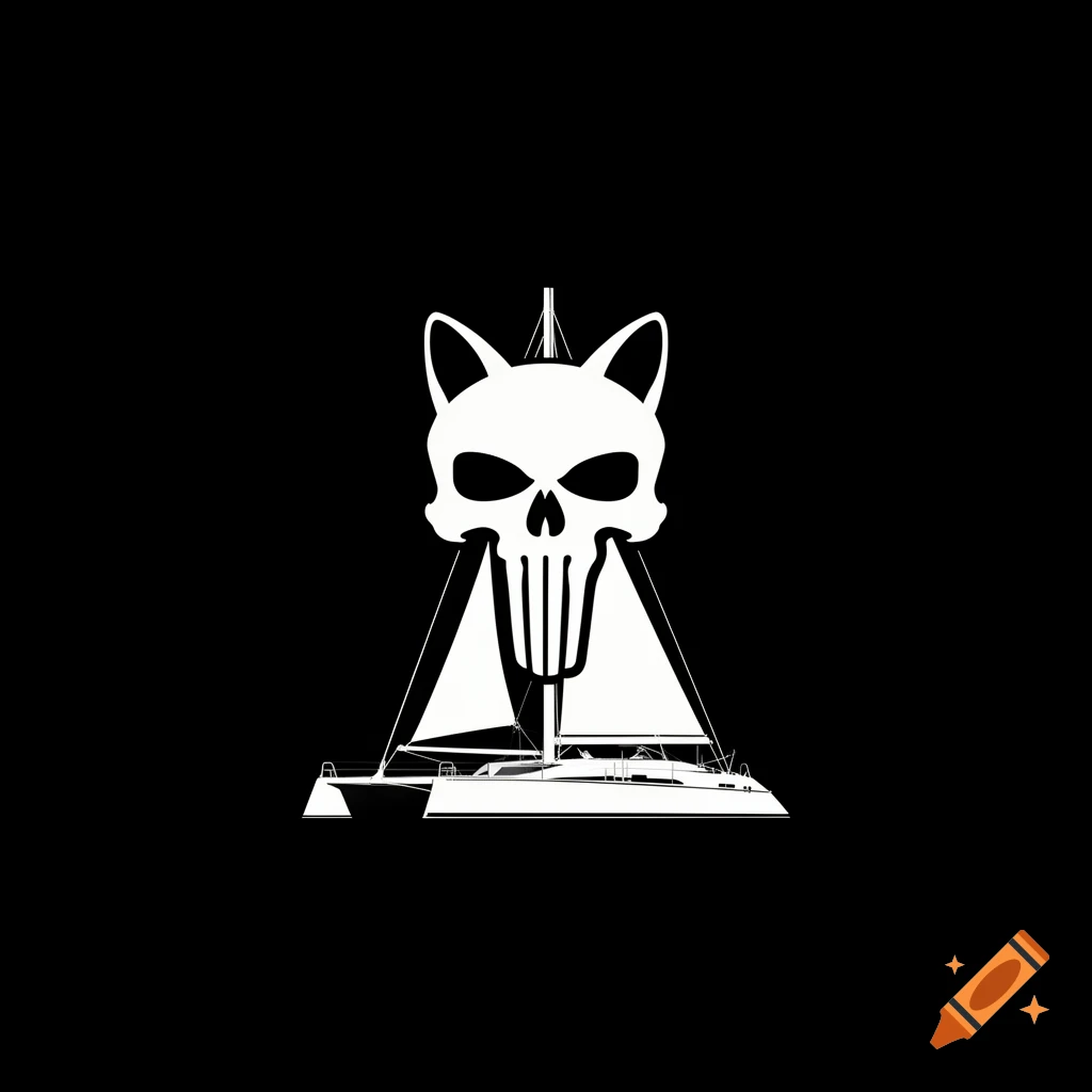 Silhouette graphic of a cat skull combined with a punisher symbol above a catamaran sailboat on a black background.