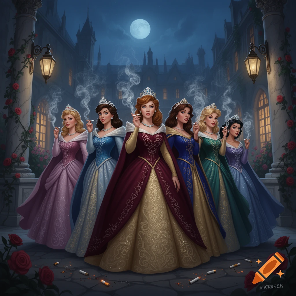 Digital painting of six Disney princesses in ballgowns standing together at night outside a castle while smoking cigarettes.