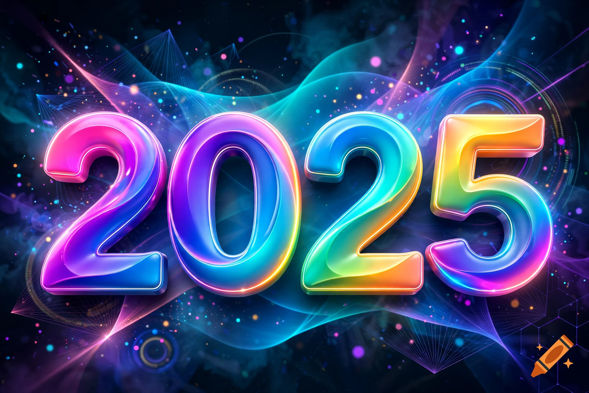 3D glossy colorful numbers 2025 with vibrant gradients against a dark cosmic background with glowing abstract light lines.