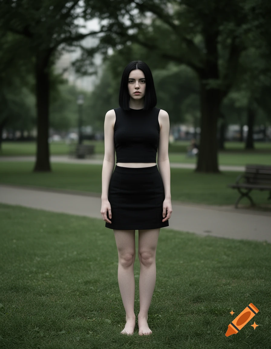 Photorealistic full-length portrait of a petite woman with black hair standing barefoot in a green park.