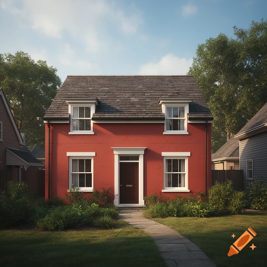 Photorealistic image of a red two-story house with a slate roof, white trim, and a stone walkway leading to the front door.