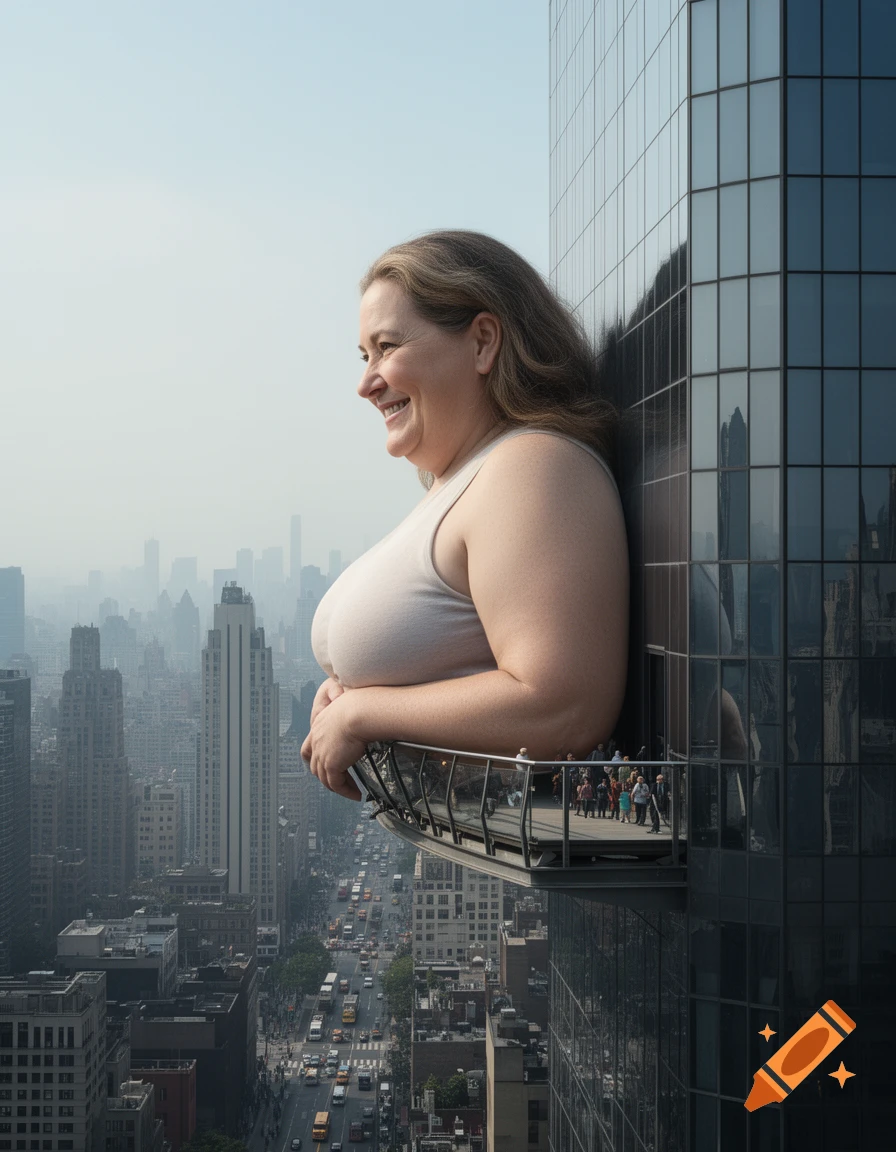 A photorealistic side-profile of a giant 50-year-old woman leaning against a skyscraper, looking out over a city.