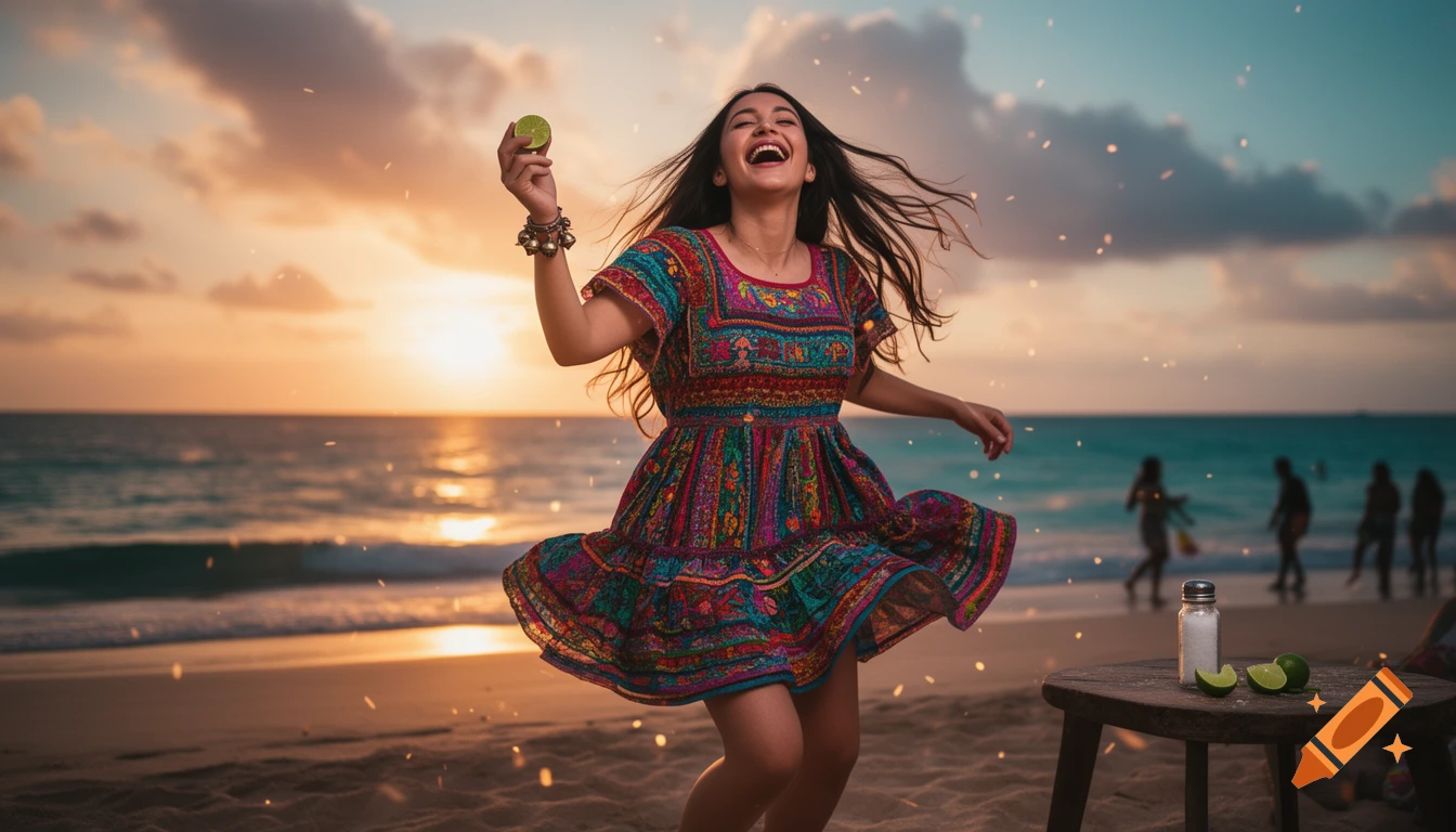 Photorealistic image of a young woman with dark hair in a colorful embroidered dress dancing joyfully on a beach at sunset.