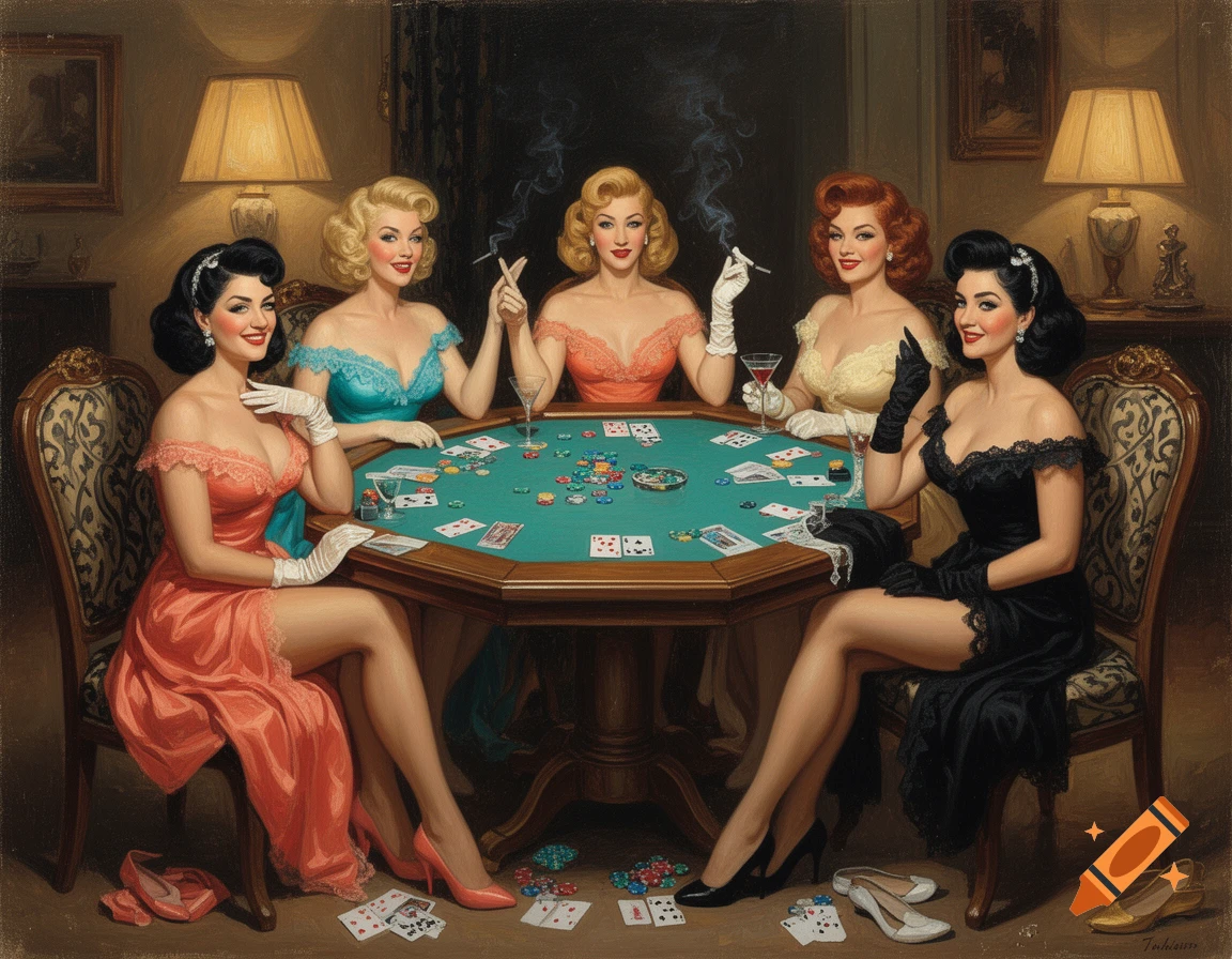 An oil painting of five 1960s pinup women playing poker around an octagonal table in a dimly lit room.