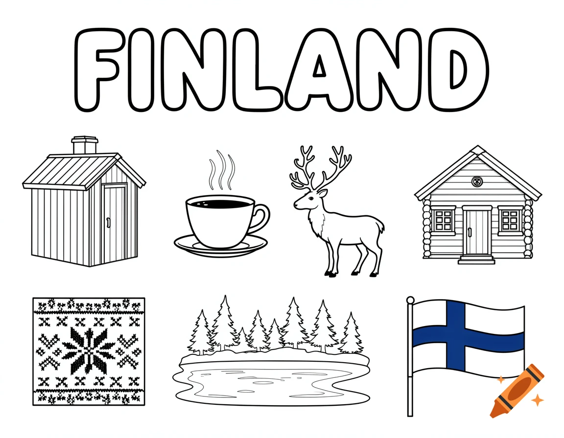 Black and white coloring page with the word FINLAND at the top, surrounded by Finnish cultural symbols and a Finnish flag.