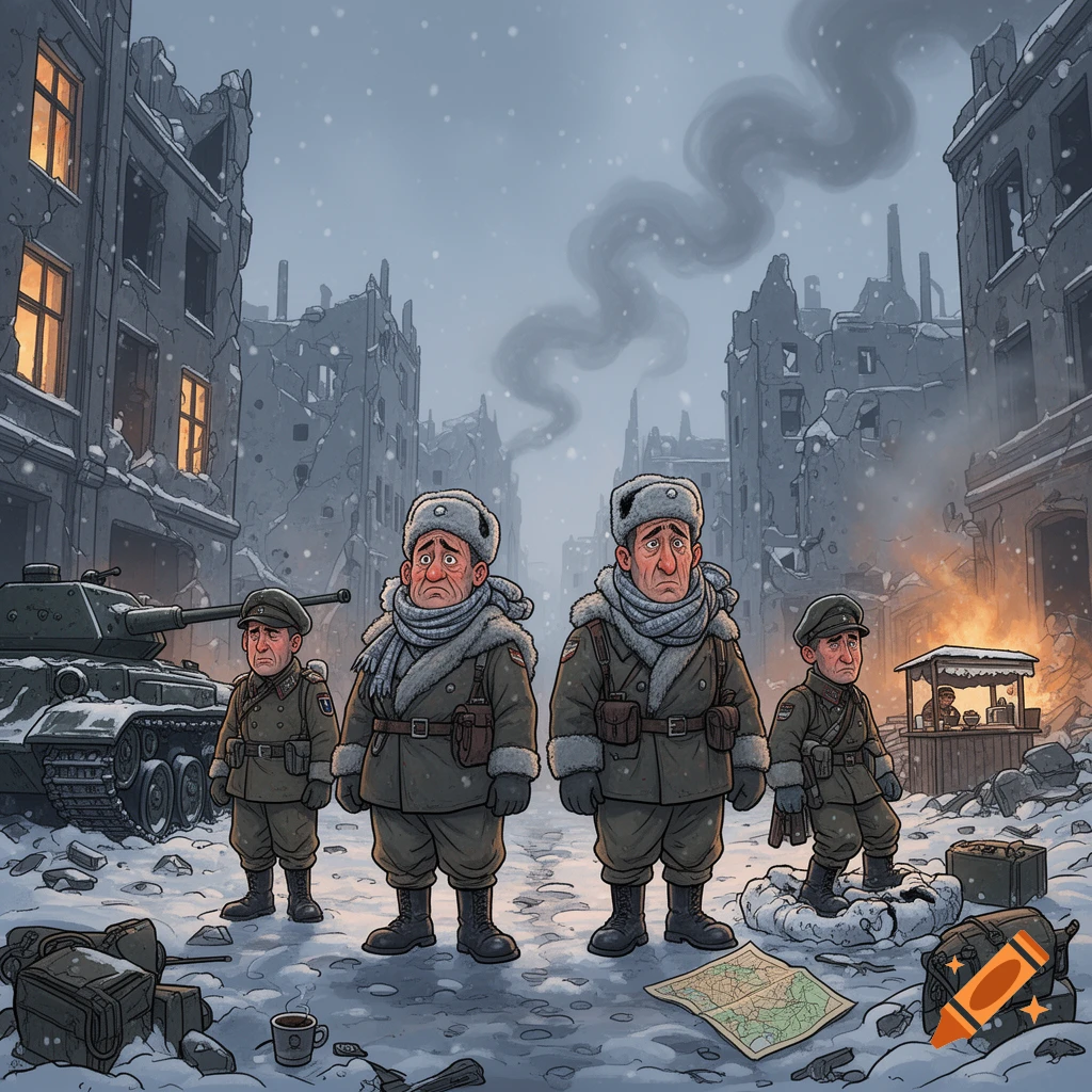 Stylized cartoon illustration of four sad soldiers in winter gear standing in a ruined snow-covered city.