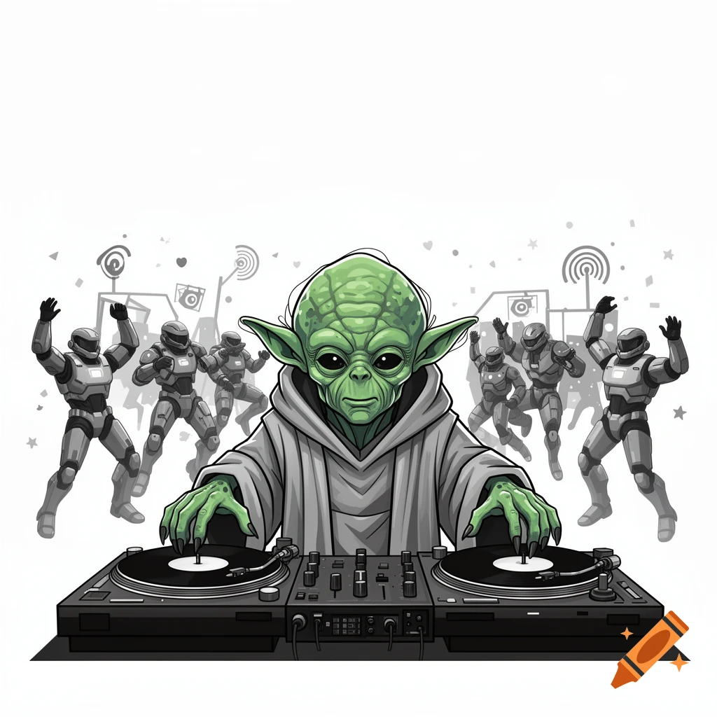 Monochromatic illustration of Yoda as a DJ with dancing stormtroopers in the background.