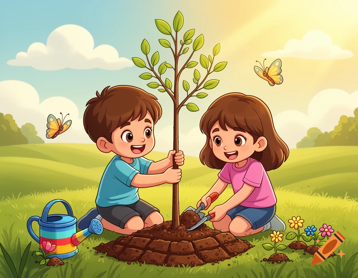 2D cartoon illustration of a young boy and girl smiling while planting a small tree in a grassy field.