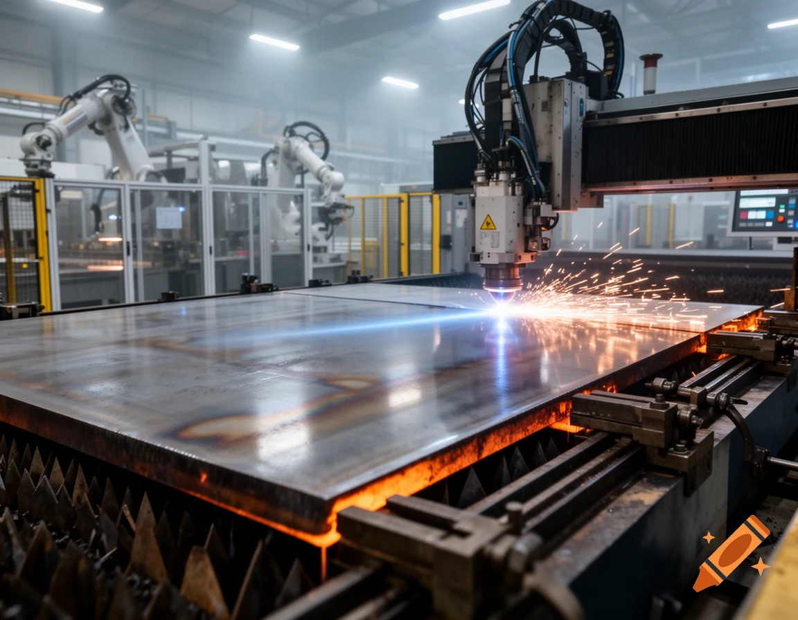 Photorealistic image of a laser cutting a thick metal plate on a modern factory production line with robotic arms in the background.