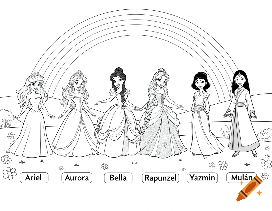 Black and white coloring page of six Disney princesses standing in a meadow under a rainbow, with their names labeled underneath.
