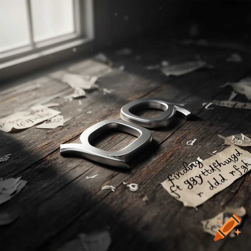 Metallic letters on a dark wooden floor with scattered papers and text scraps in a room lit by a window.