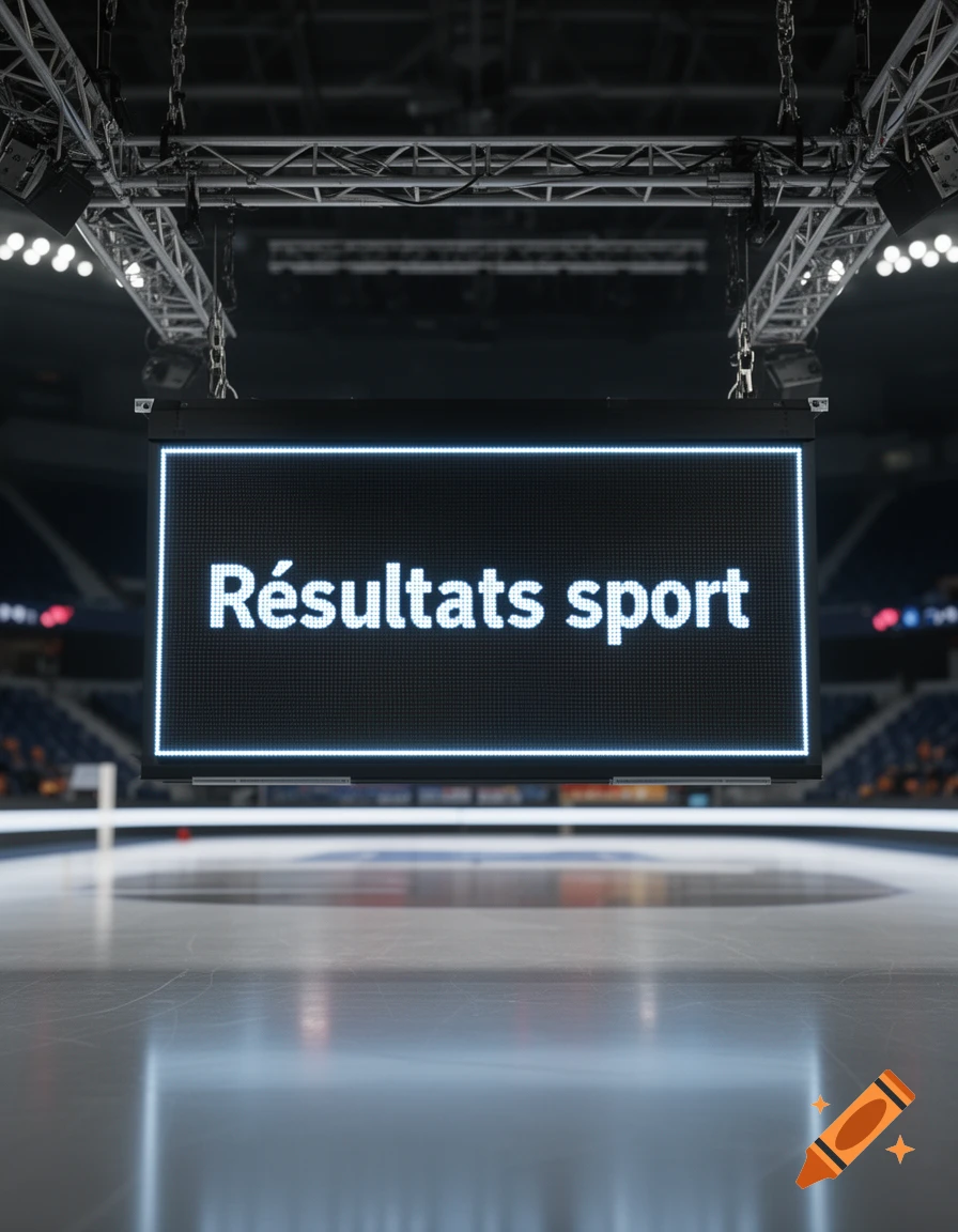 Photorealistic image of a hanging scoreboard in a sports arena displaying text Résultats sport.