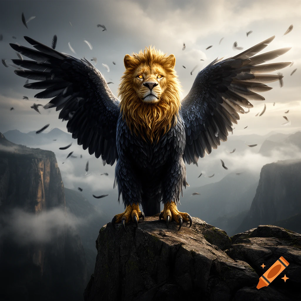A majestic golden and obsidian griffin with large feathered wings perched on a rocky cliffside, photorealistic style.