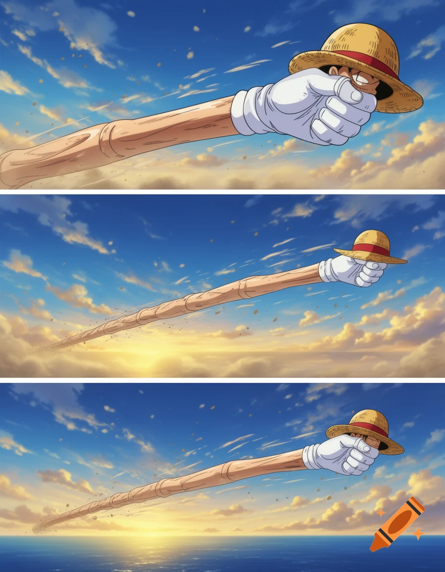 Anime style comic panels showing an extremely long arm stretching across a blue sky with clouds and ocean.