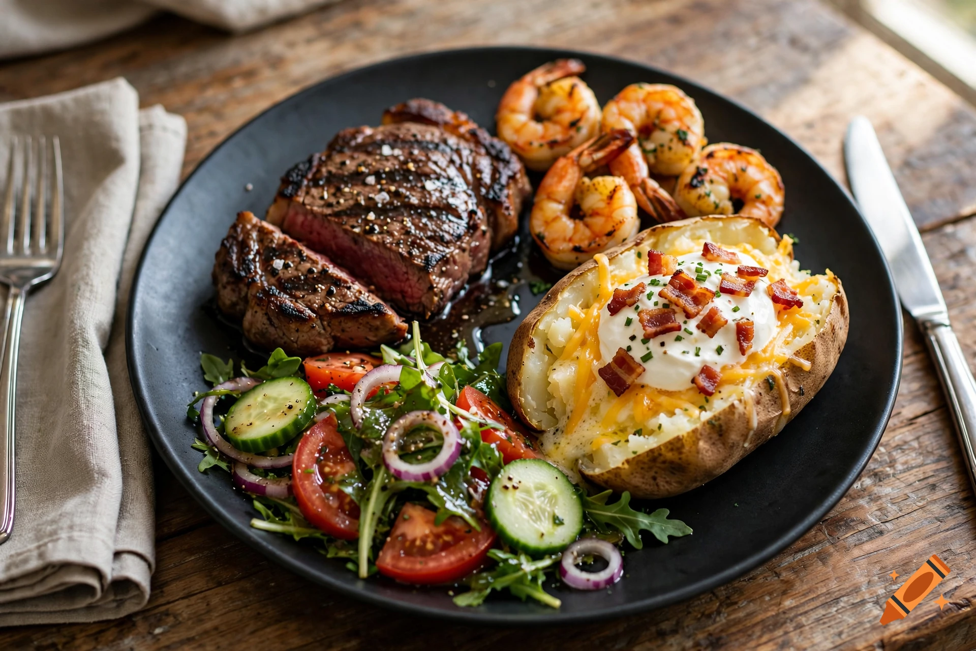 Photorealistic surf and turf meal with steak, shrimp, a loaded baked potato, and salad on a black plate.