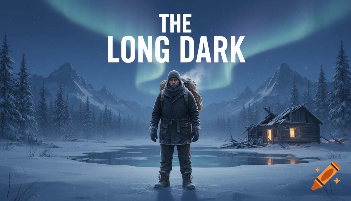 A photorealistic winter landscape featuring a person in cold-weather gear standing before a frozen lake with an aurora borealis overhead and a cabin in the background, with the text 'THE LONG DARK' at the top.
