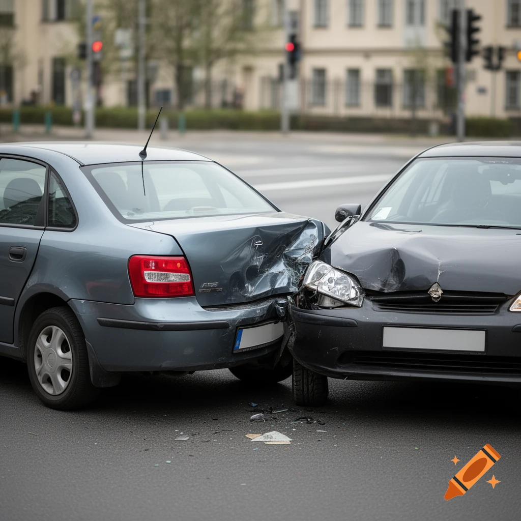 Photorealistic image of a minor rear-end car accident between two sedans on a city street.